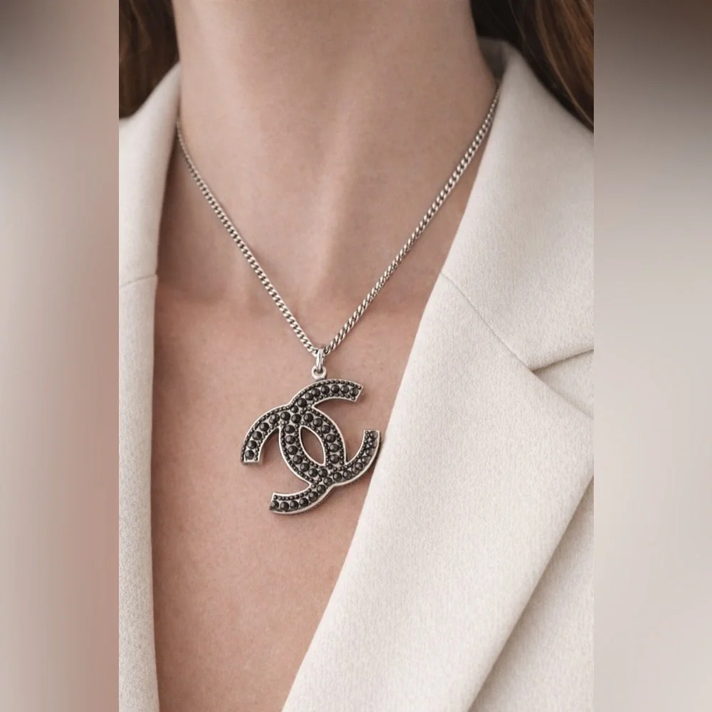 Chanel Silver and Black Rhinestone Pendant Necklace - Picture 12 of 12